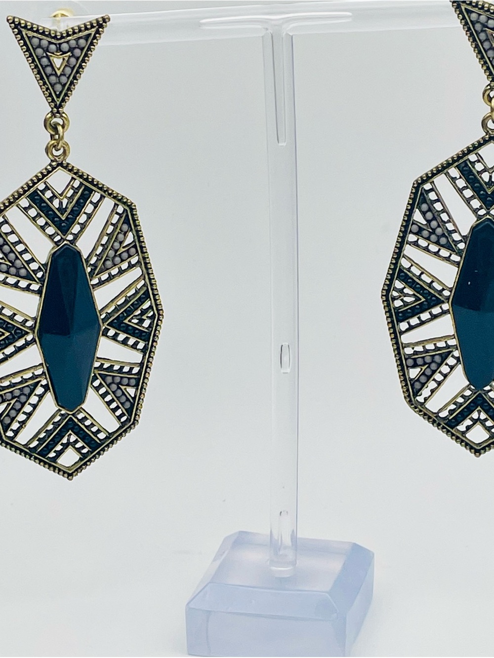 Gold-Tone Black Geometric Drop Earrings w/ Intricate Pattern-Women Jewelry